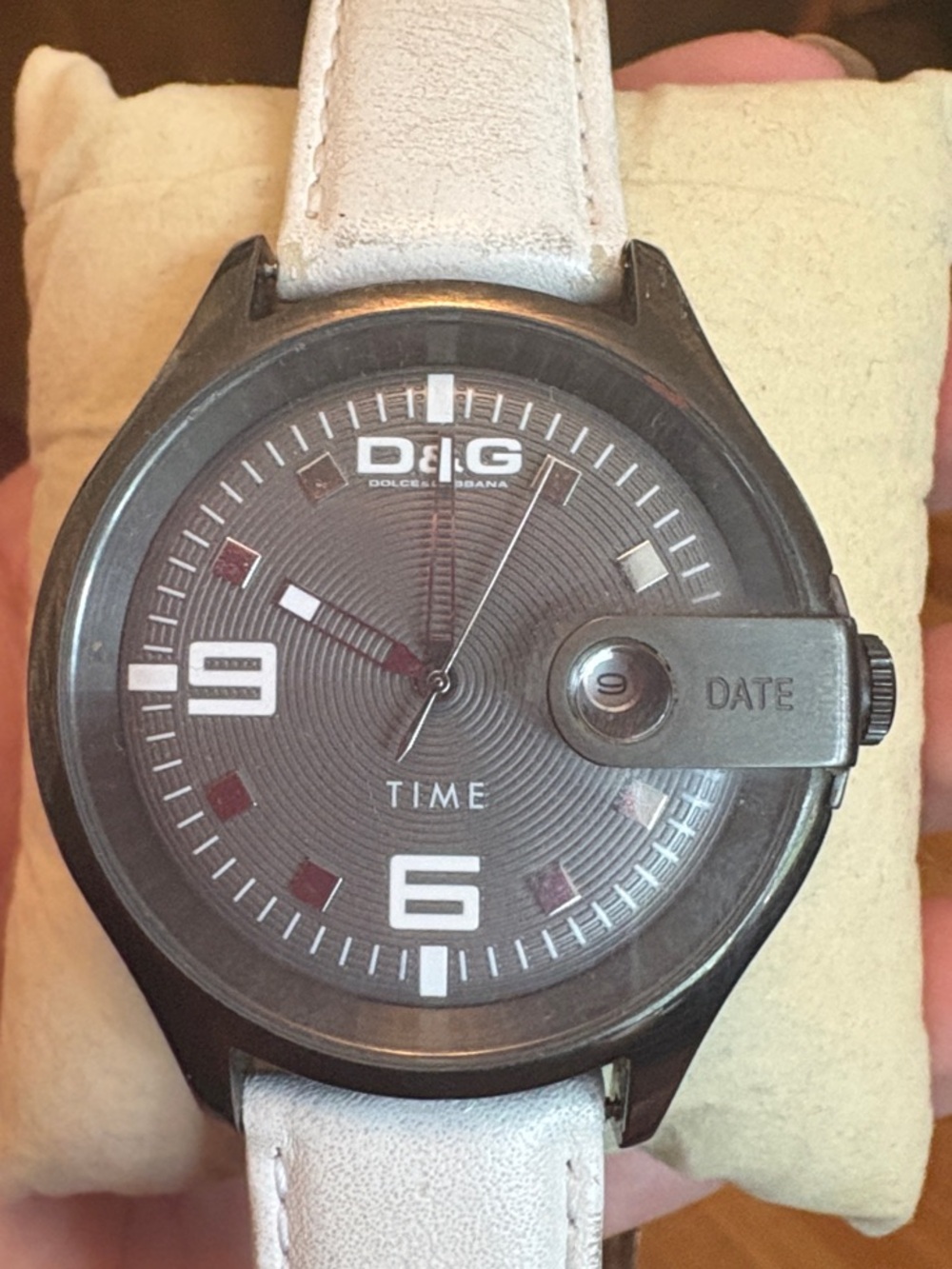 D&G Black Dial Watch with White Leather Strap and Red Accents
